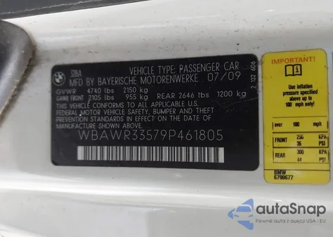 2009 BMW 328I z USA, uszkodzony, nr VIN WBAWR33579P461805